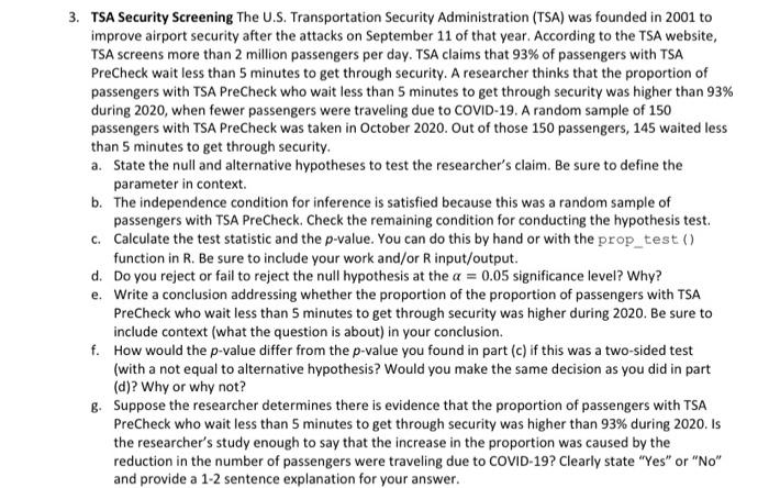 Solved 3. TSA Security Screening The U.S. Transportation | Chegg.com