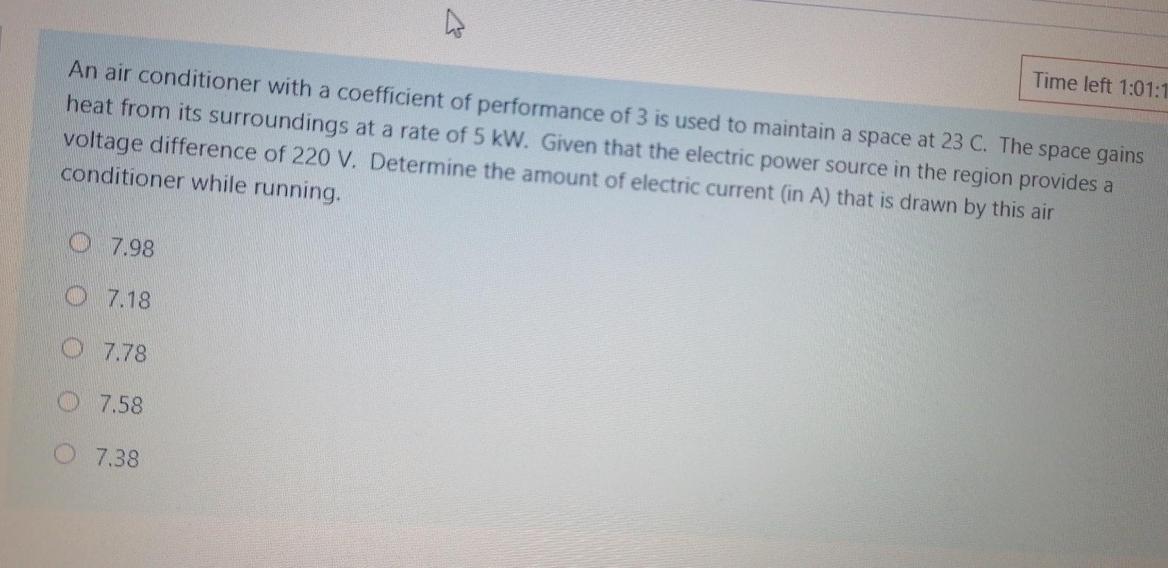 Solved Time left 101:1 An air conditioner with a coefficient | Chegg.com