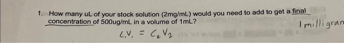 Solved 1. How many uL of your stock solution (2mg/mL) would | Chegg.com