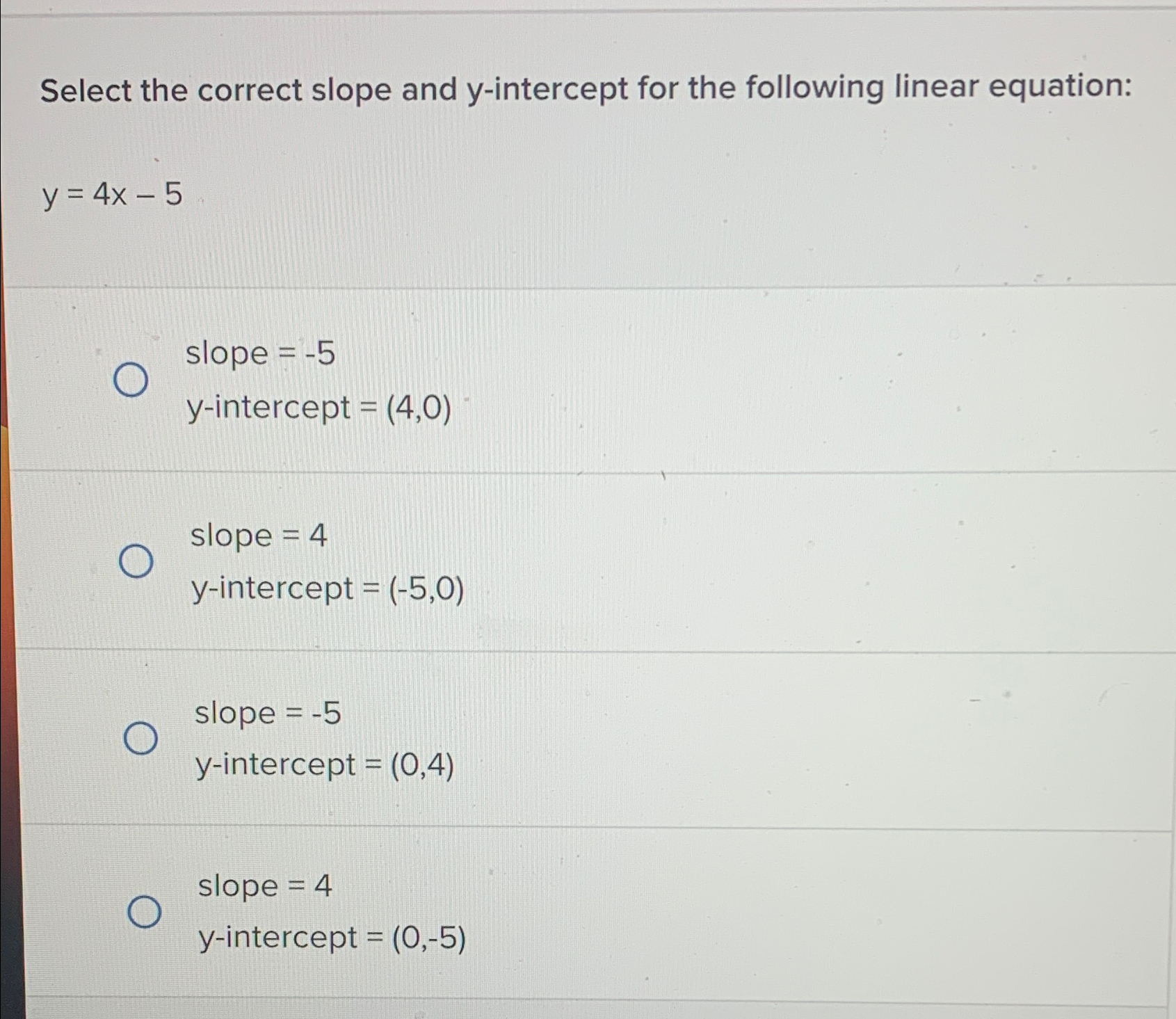 y 1 4 5 x 5 slope intercept form