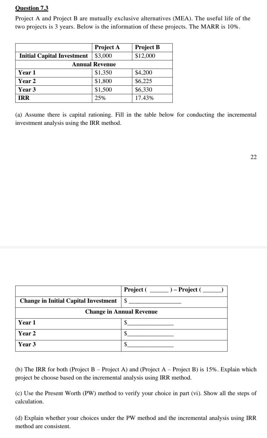 Solved Question 7.3 Project A And Project B Are Mutually | Chegg.com ...