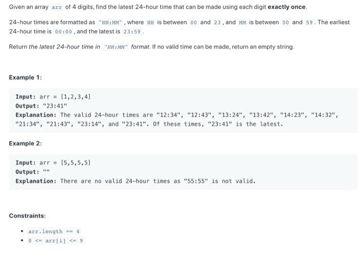Solved Given an array arr of 4 digits, find the latest | Chegg.com