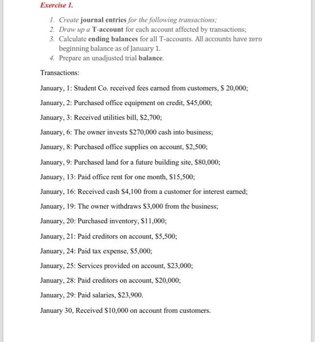 Solved Exercise 1. 1. Create journal entries for the | Chegg.com