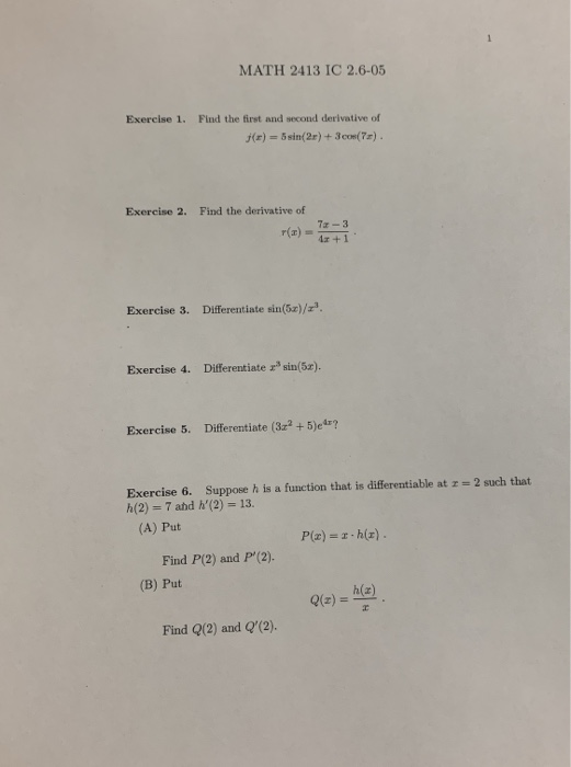Solved MATH 2413 IC 2.6-05 Exercise 1. Find the first and | Chegg.com