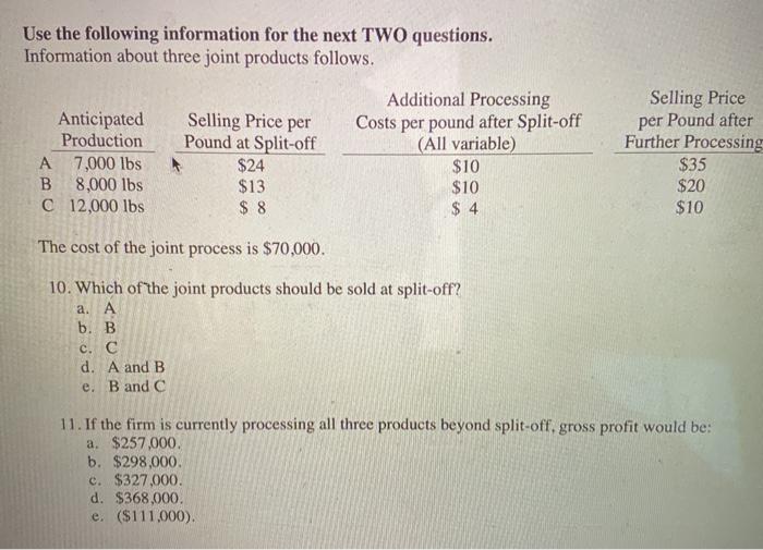 Solved Use the following information for the next TWO | Chegg.com