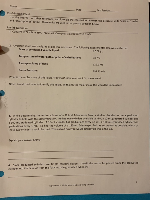Solved Name Date Lab Section Pre-lab Assignment Use the | Chegg.com