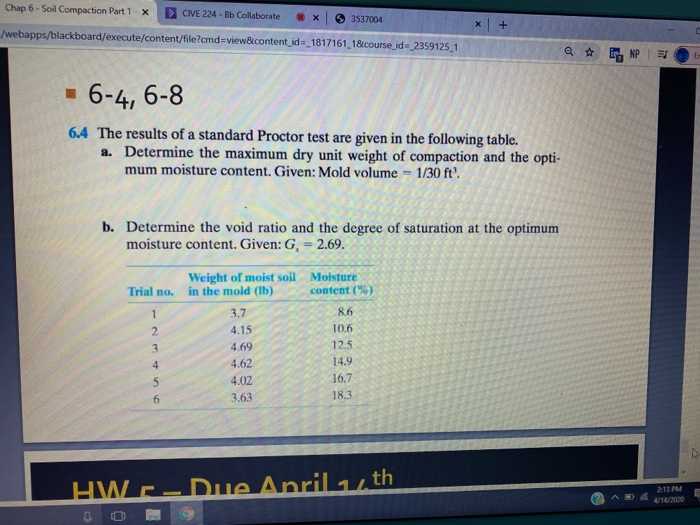 Solved Chap 6 - Soil Compaction Part 1 x D CIVE 224 - Bb | Chegg.com