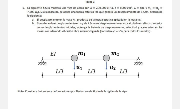 1. La siguiente figura muestra una viga de acero con \( E=200,000 \mathrm{MPa}, I=8000 \mathrm{~cm}^{4}, L=4 m^{2}, \mathrm{y