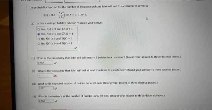 Solved The probability function for the number of insurance | Chegg.com