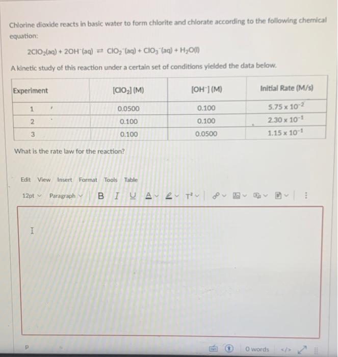 Solved Chlorine dioxide reacts in basic water to form