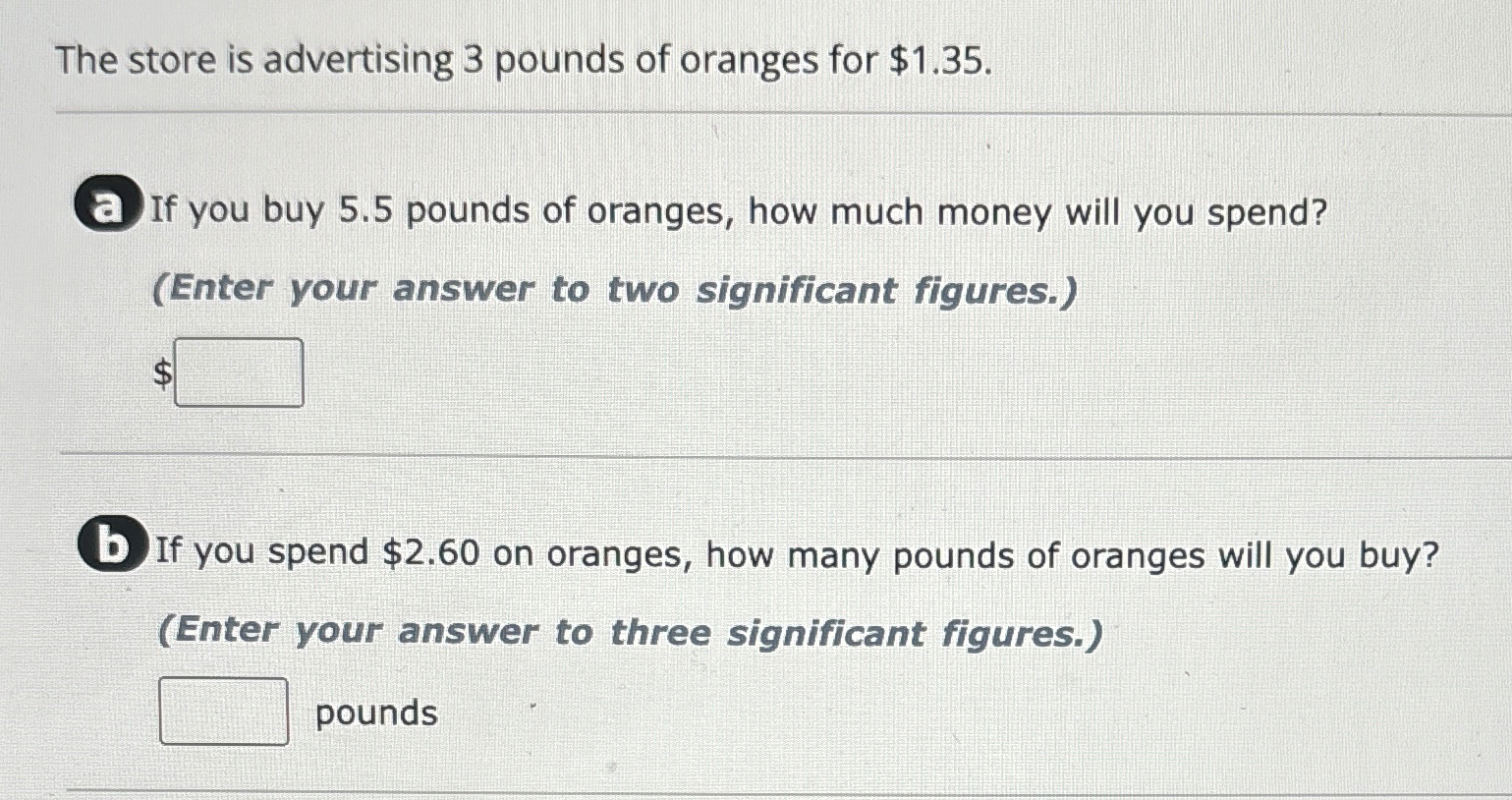 Solved The store is advertising 3 ﻿pounds of oranges for | Chegg.com
