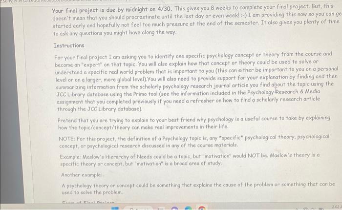 Solved Your final project is due by midnight on 4/30. This | Chegg.com