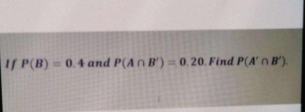 Solved I P(B) = 0.4 And P(An B') = 0.20. Find P(A' B'). | Chegg.com