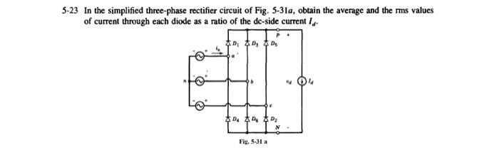 -23 In the simplified three-phase rectifier circuit of Fig. 5-31 \( a \), obtain the average and the rms values of current th