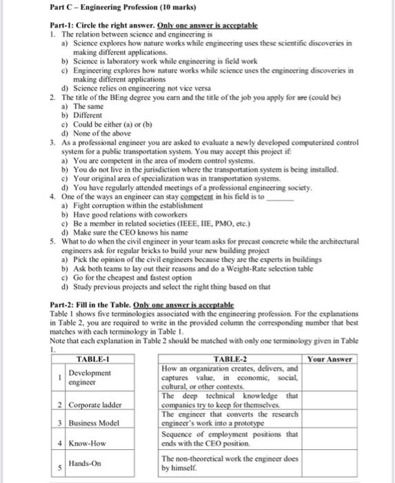 Solved Part C - Engineering Profession (10 marks) Part-1: | Chegg.com