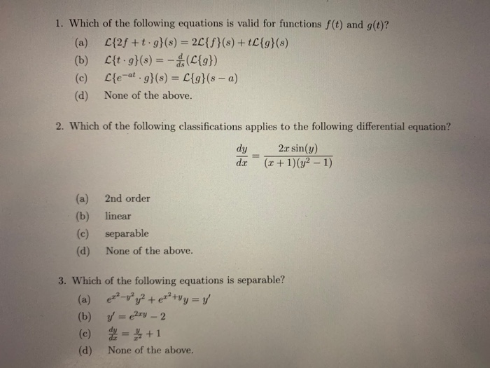 Solved 1 Which Of The Following Equations Is Valid For F Chegg Com