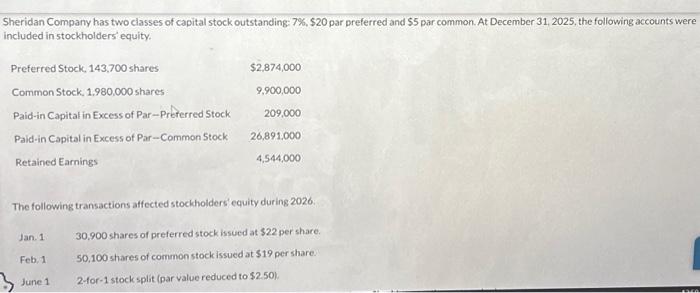 Solved Sheridan Company has two classes of capital stock | Chegg.com