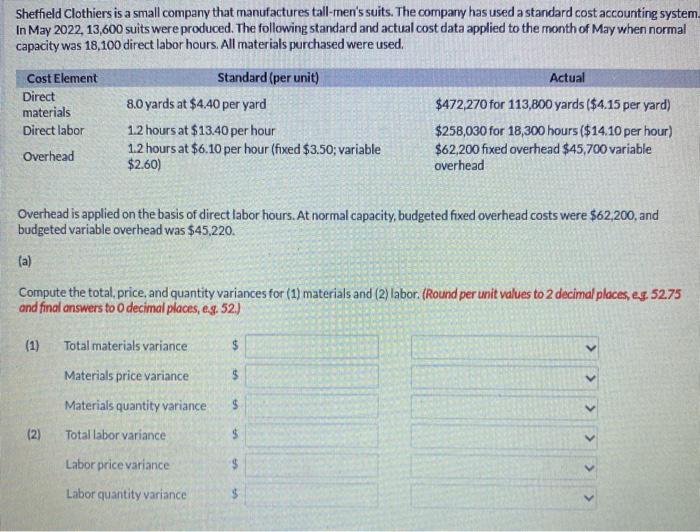 Solved A. Compute the totalprice, and quantity variances for | Chegg.com