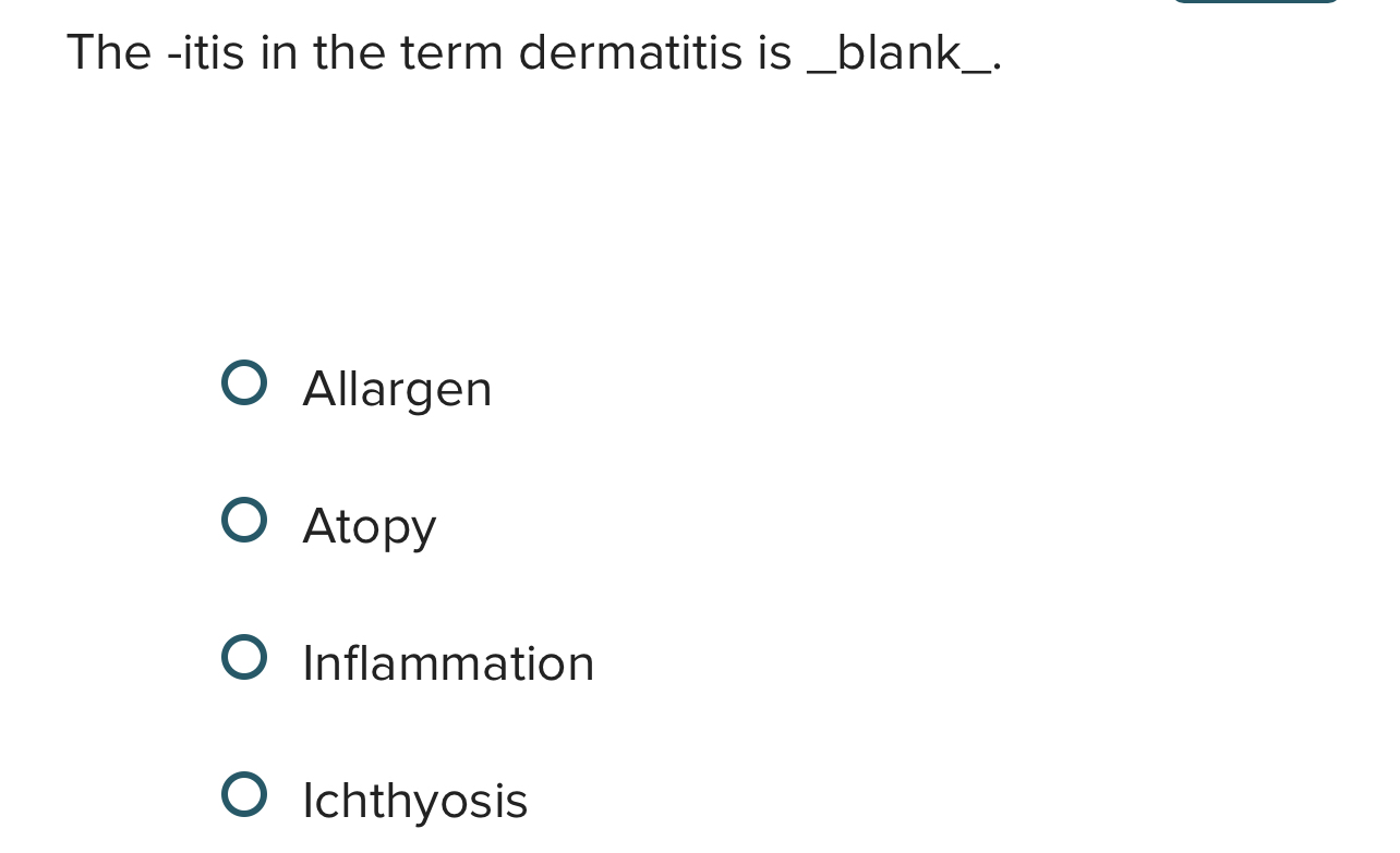 The -itis in the term dermatitis is | Chegg.com
