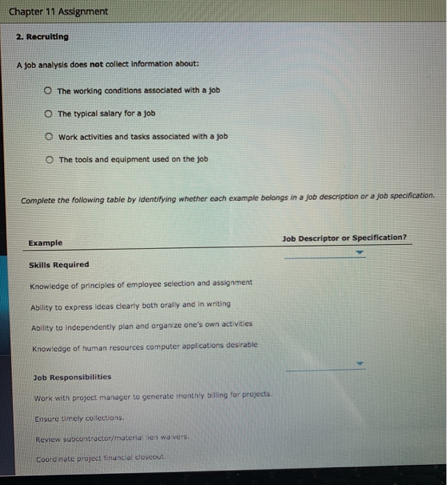 Solved Chapter 11 Assignment 2. Recruiting A job analysis | Chegg.com