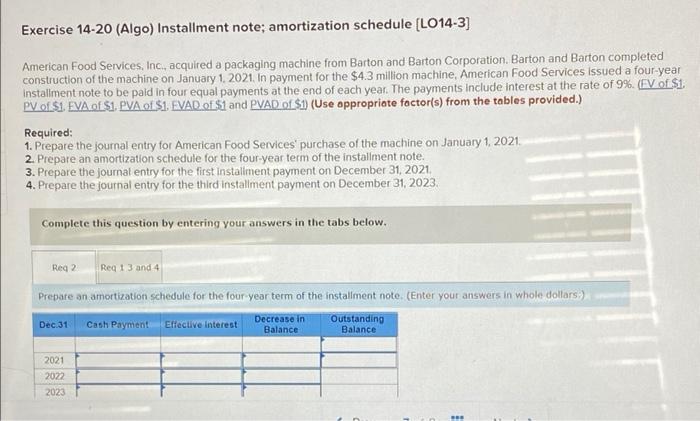 Solved Exercise 14-20 (Algo) Installment note; amortization | Chegg.com