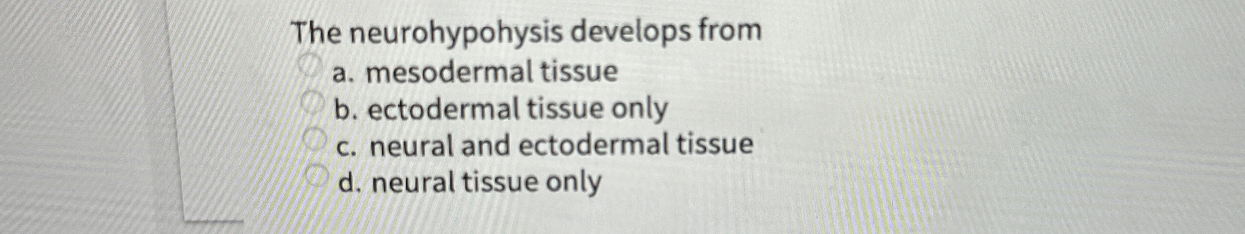 Solved The neurohypohysis develops froma. ﻿mesodermal | Chegg.com