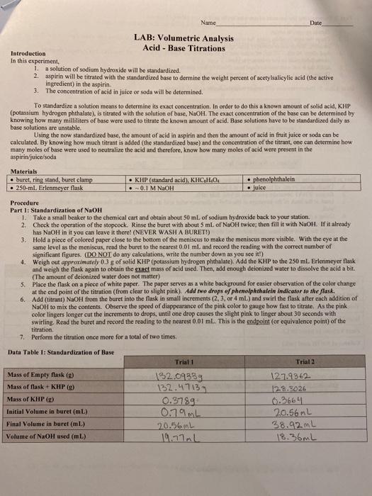 Solved Name Date LAB: Volumetrie Analysis Acid - Base | Chegg.com