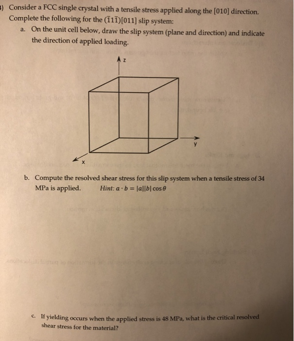 Solved 3) Consider a FCC single crystal with a tensile | Chegg.com