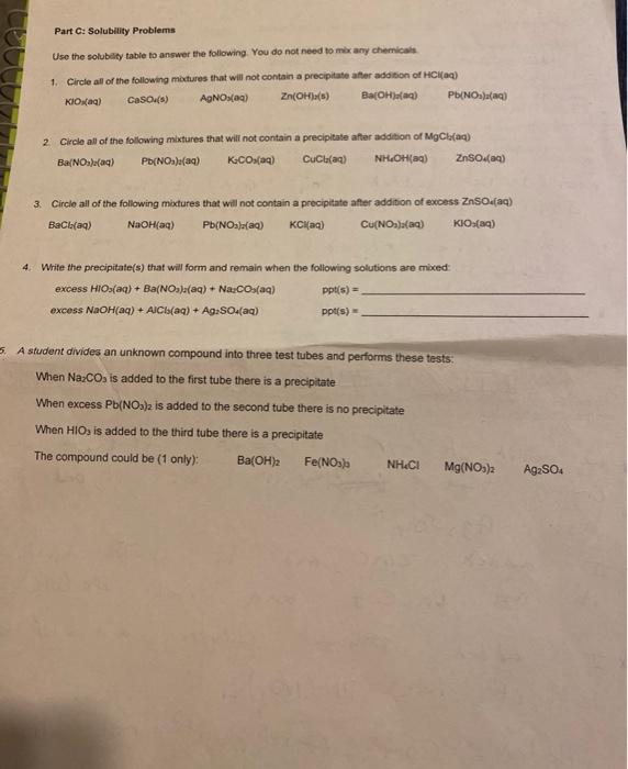 Solved Part C: Solubility Problems Use the solubility table | Chegg.com