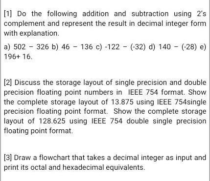 Solved Do the following addition and subtraction using 2’s | Chegg.com