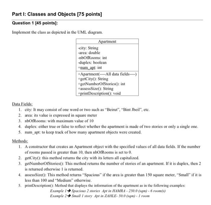 Solved Part 1: Classes and Objects [75 points) Question 1 | Chegg.com