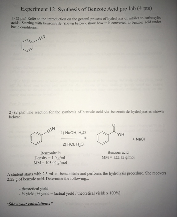 Solved Experiment 12 Synthesis Of Benzoic Acid Pre Lab Chegg Com