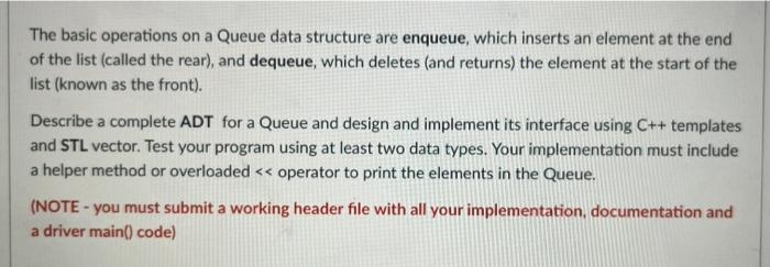 Solved The basic operations on a Queue data structure are | Chegg.com