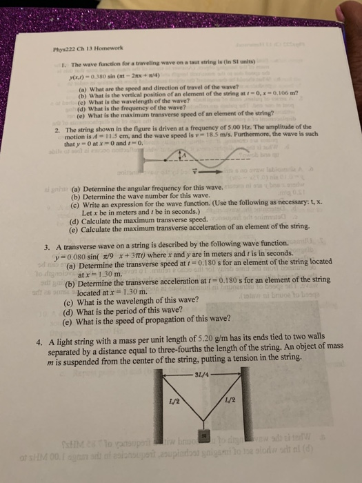 Solved Phys222 Ch 13 Homework The wave function for a | Chegg.com