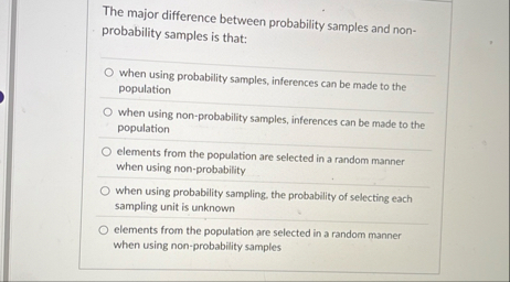 Solved The major difference between probability samples and | Chegg.com