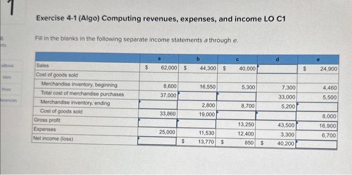 Solved Exercise 4-1 (Algo) Computing Revenues, Expenses, And | Chegg.com