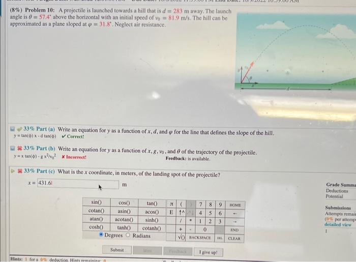 Solved (8%) Problem 10: A Projectile Is Launched Towards A | Chegg.com