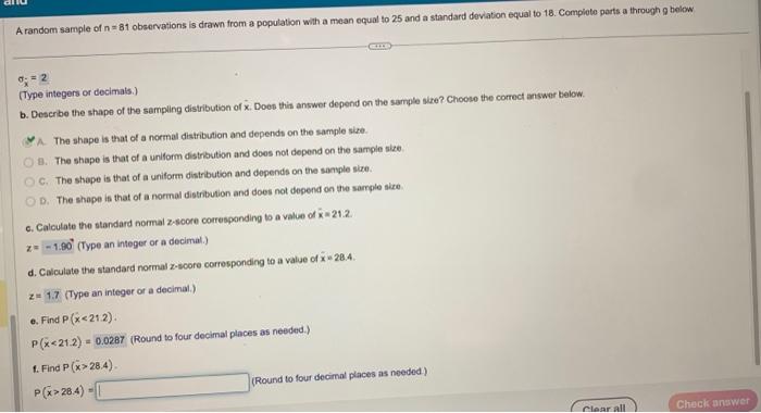 Solved A random sample of n=81 observations is drawn from a | Chegg.com