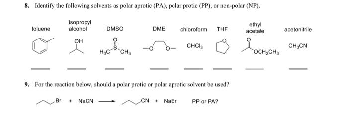 Solved 8. Identify the following solvents as polar aprotic | Chegg.com