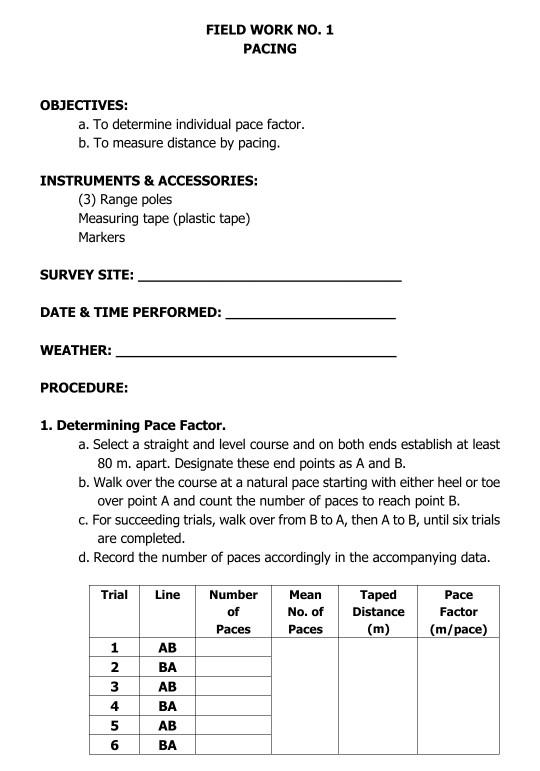 Field Work No 1 Pacing Objectives A To Determine Chegg Com