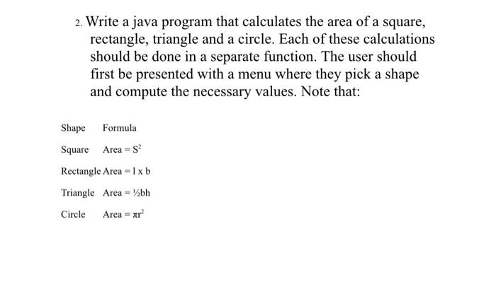 java program to calculate area of triangle circle square and rectangle