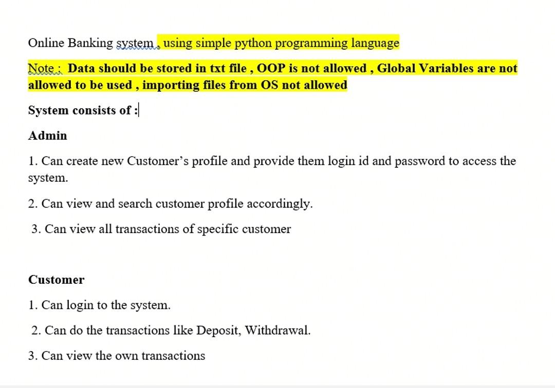 Solved Develop Online Banking system Using Python | Chegg.com