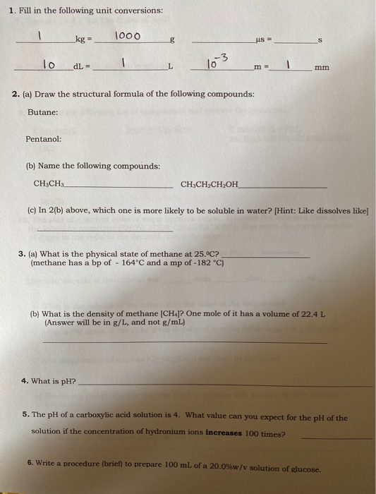 1 Fill In The Following Unit Conversions Kg 1000 Chegg Com