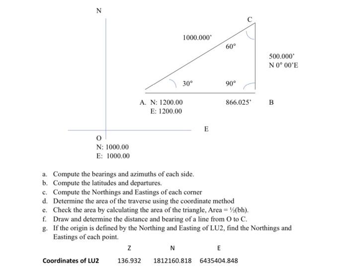 Solved a. Compute the bearings and azimuths of each side. b.