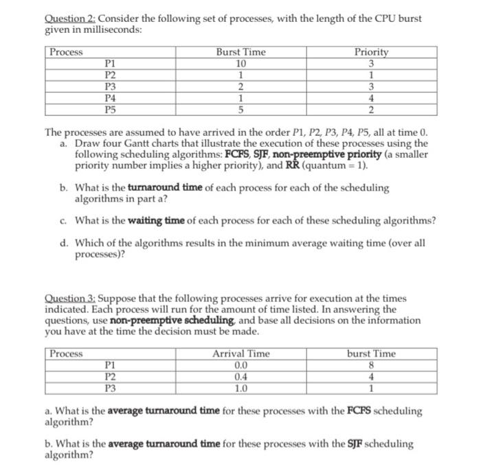 Solved Question 2: Consider the following set of processes, | Chegg.com