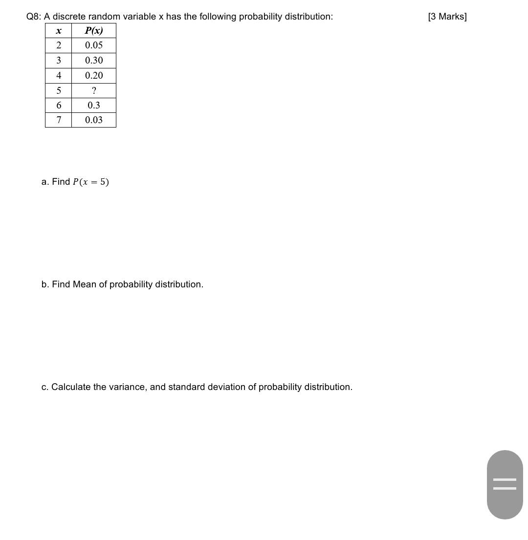 Solved [3 Marks] Q8: A discrete random variable x has the | Chegg.com