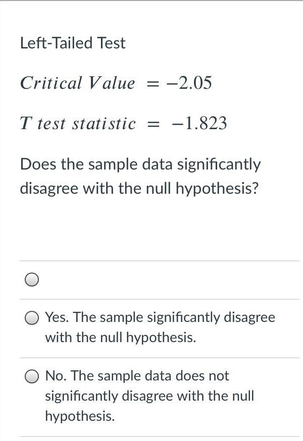 Solved Left-Tailed Test Critical Value = -2.05 T test | Chegg.com