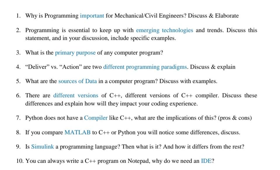 Solved 1. Why is Programming important for Mechanical/Civil | Chegg.com