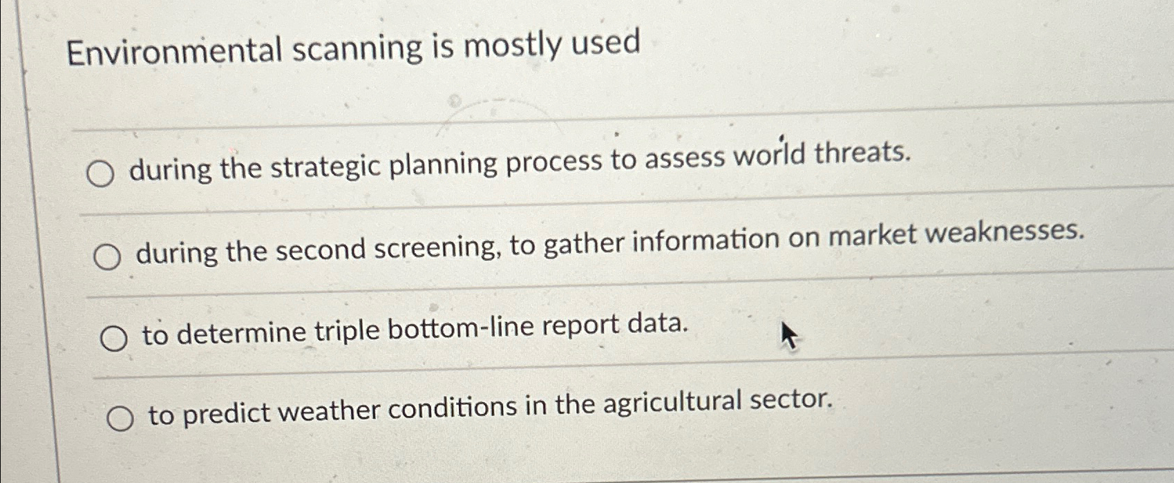 Solved Environmental scanning is mostly usedduring the | Chegg.com