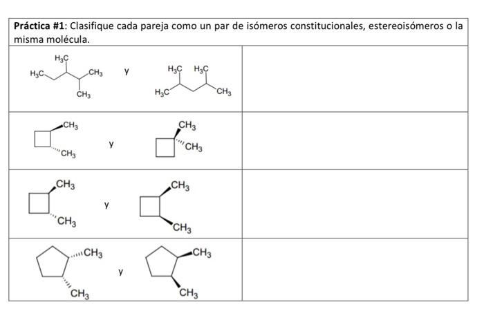 Práctica \#1: Clasifique cada pareja como un par de isómeros constitucionales, estereoisómeros o la